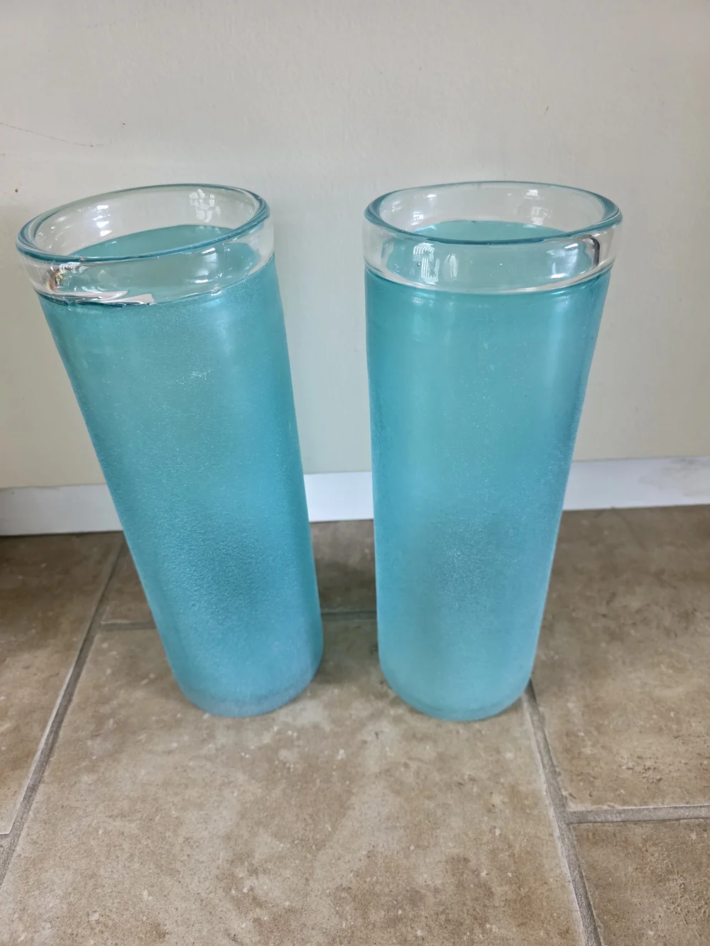Handblown Aqua Blue Frosted Glass Vase Or Canddle Holder Decorative Pair